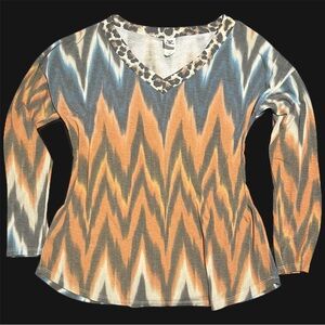 Sew In Love Zigzag V-Neck Long Sleeve Top - Orange & Blue w/ Leopard Collar